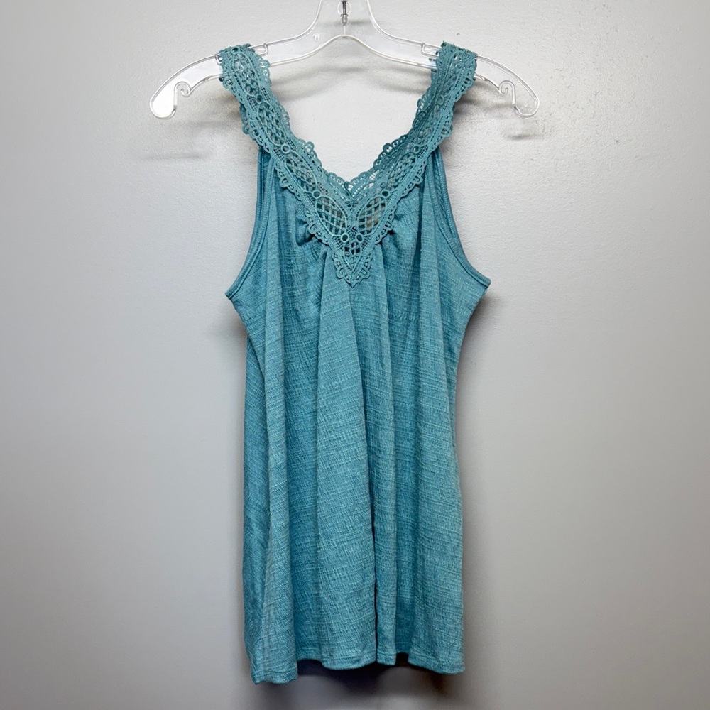 For Love and Lemons Pointelle Teal Crochet Trim Blouse